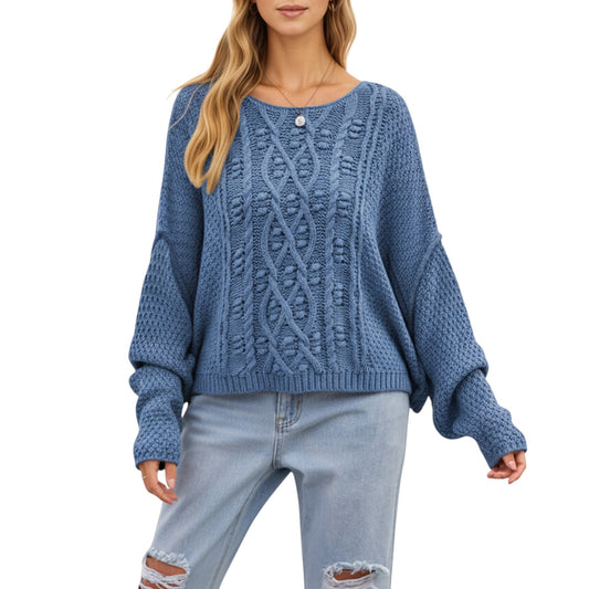 Long Sleeve Cable Knit Pullover Sweater with Textured Pattern