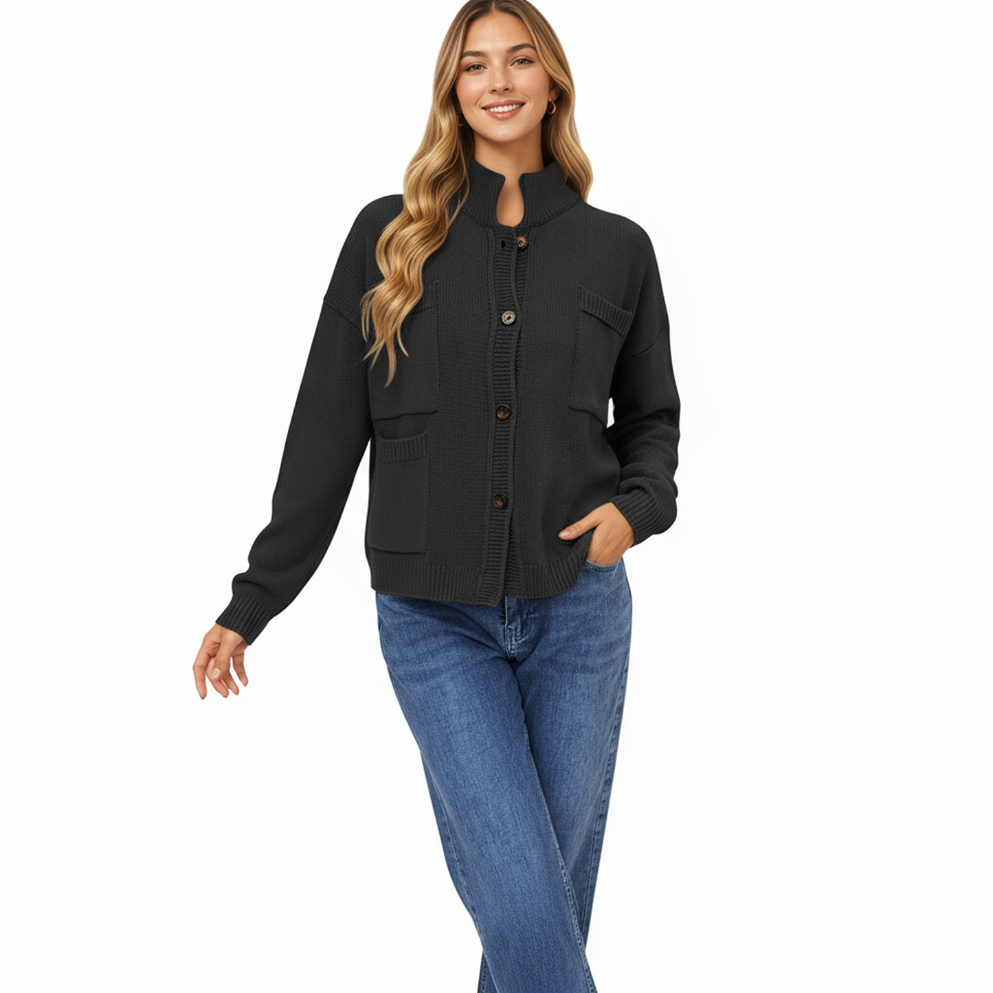 Button Front Long Sleeve Knit Cardigan with Stand Collar and Front Pocket