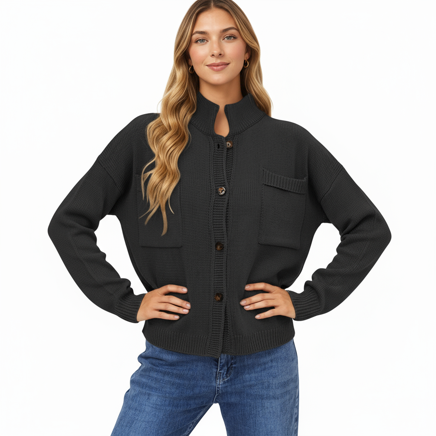 Button Front Long Sleeve Knit Cardigan with Stand Collar and Front Pocket
