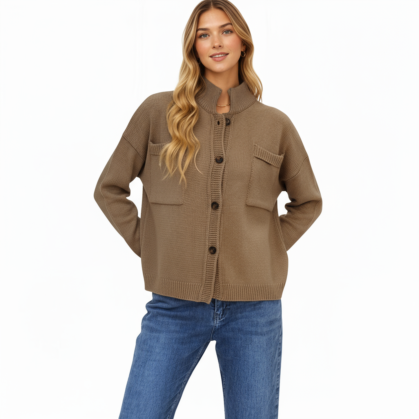 Button Front Long Sleeve Knit Cardigan with Stand Collar and Front Pocket