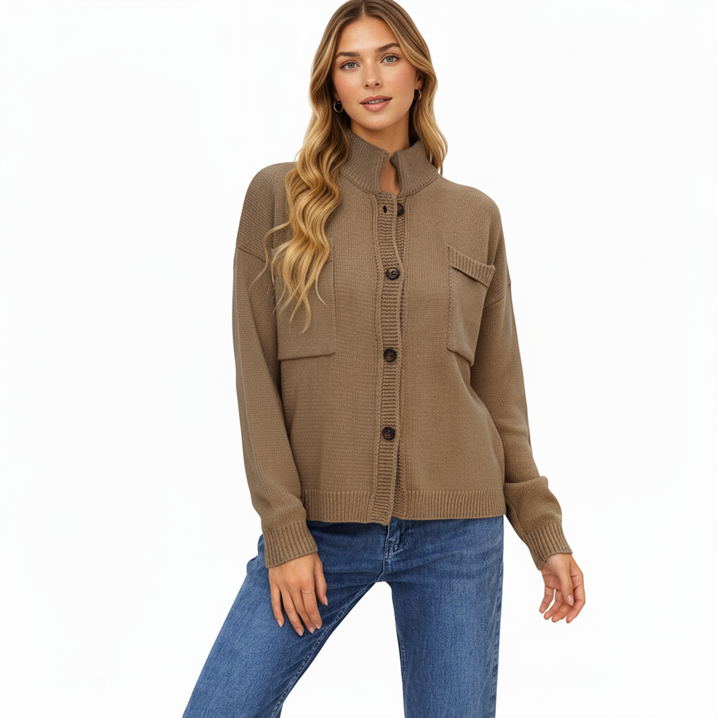 Button Front Long Sleeve Knit Cardigan with Stand Collar and Front Pocket