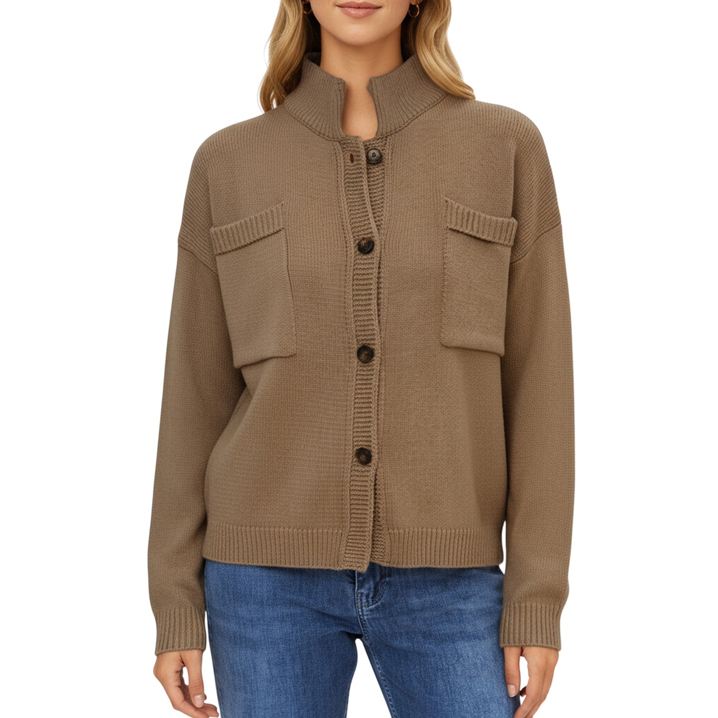Button Front Long Sleeve Knit Cardigan with Stand Collar and Front Pocket