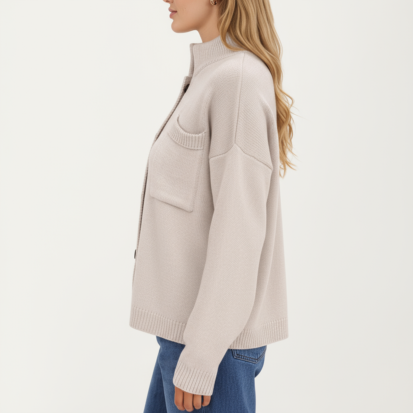 Button Front Long Sleeve Knit Cardigan with Stand Collar and Front Pocket