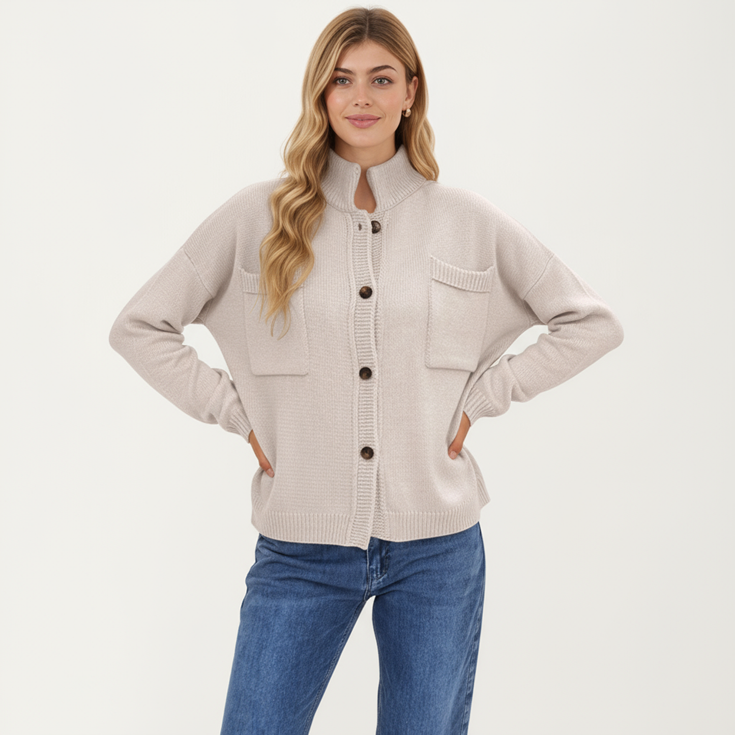 Button Front Long Sleeve Knit Cardigan with Stand Collar and Front Pocket