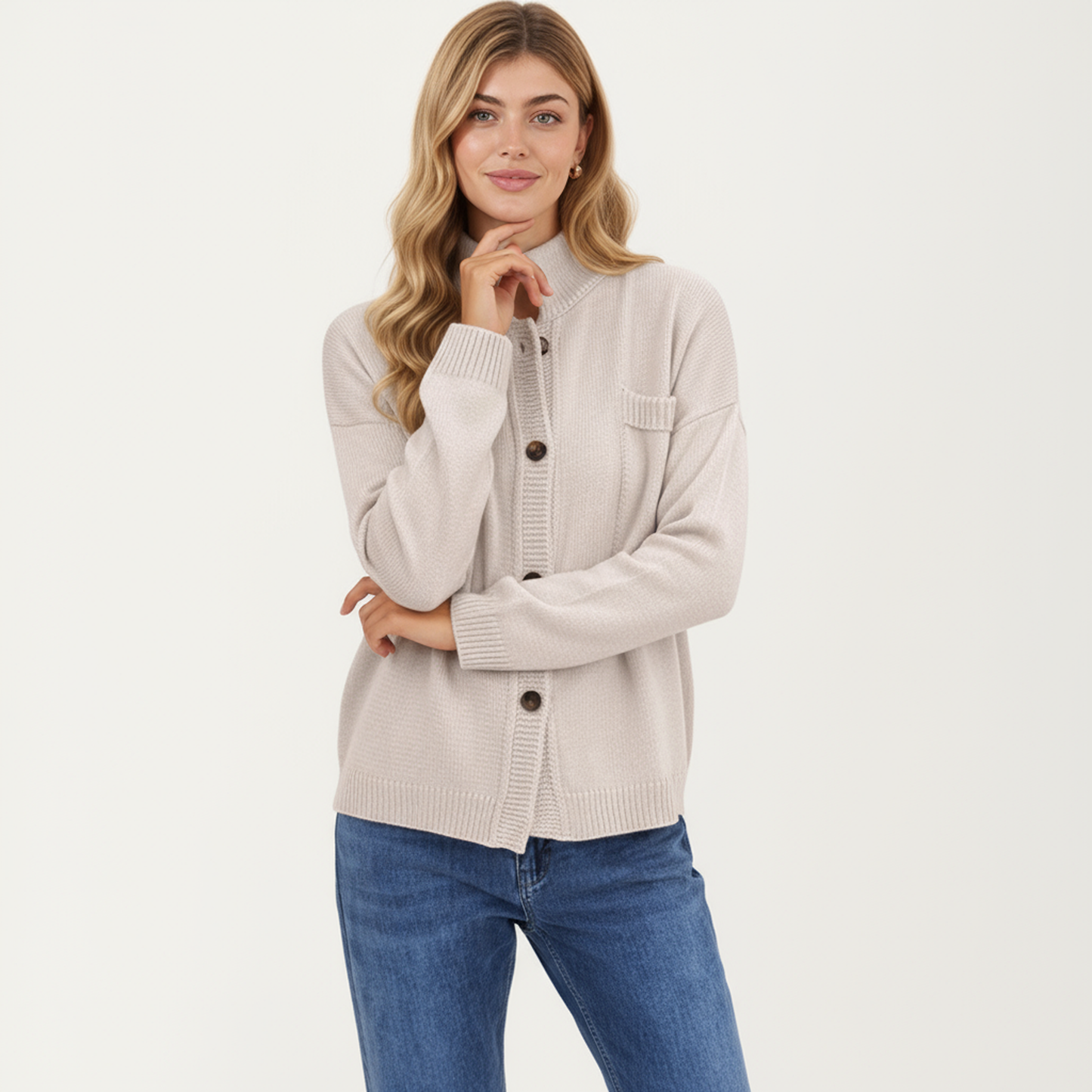 Button Front Long Sleeve Knit Cardigan with Stand Collar and Front Pocket