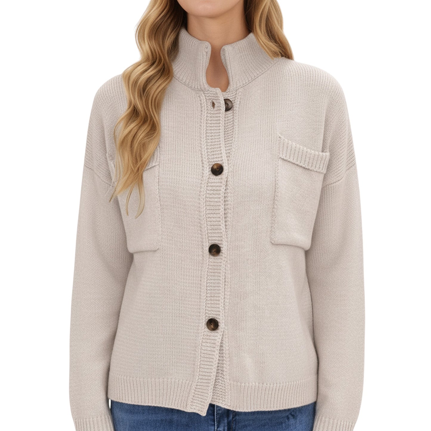 Button Front Long Sleeve Knit Cardigan with Stand Collar and Front Pocket