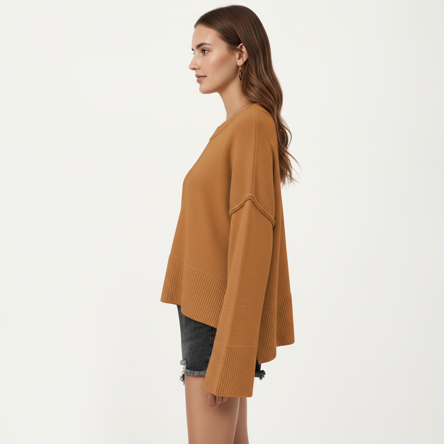 Solid Color Pullover Sweater with Wide Ribbed Hem and Relaxed Fit
