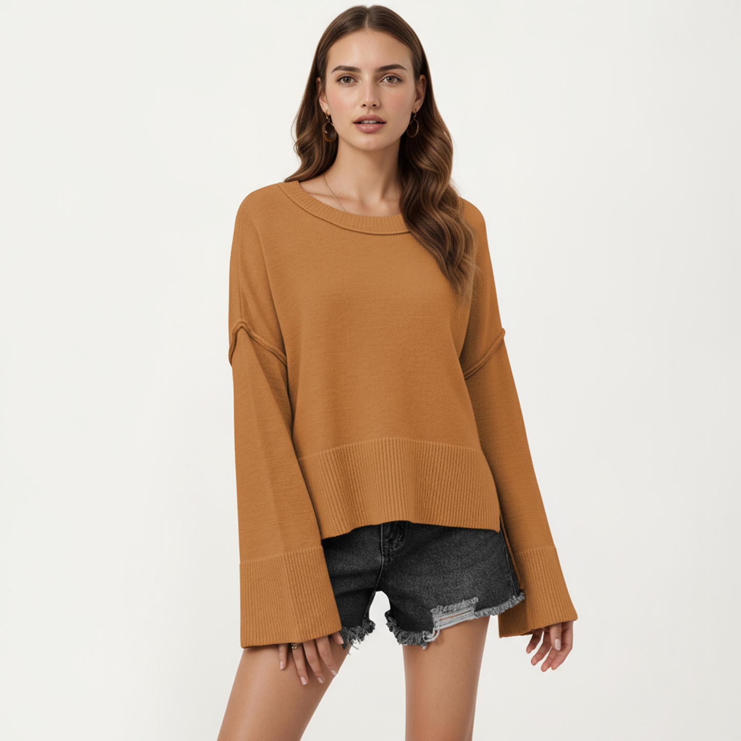 Solid Color Pullover Sweater with Wide Ribbed Hem and Relaxed Fit