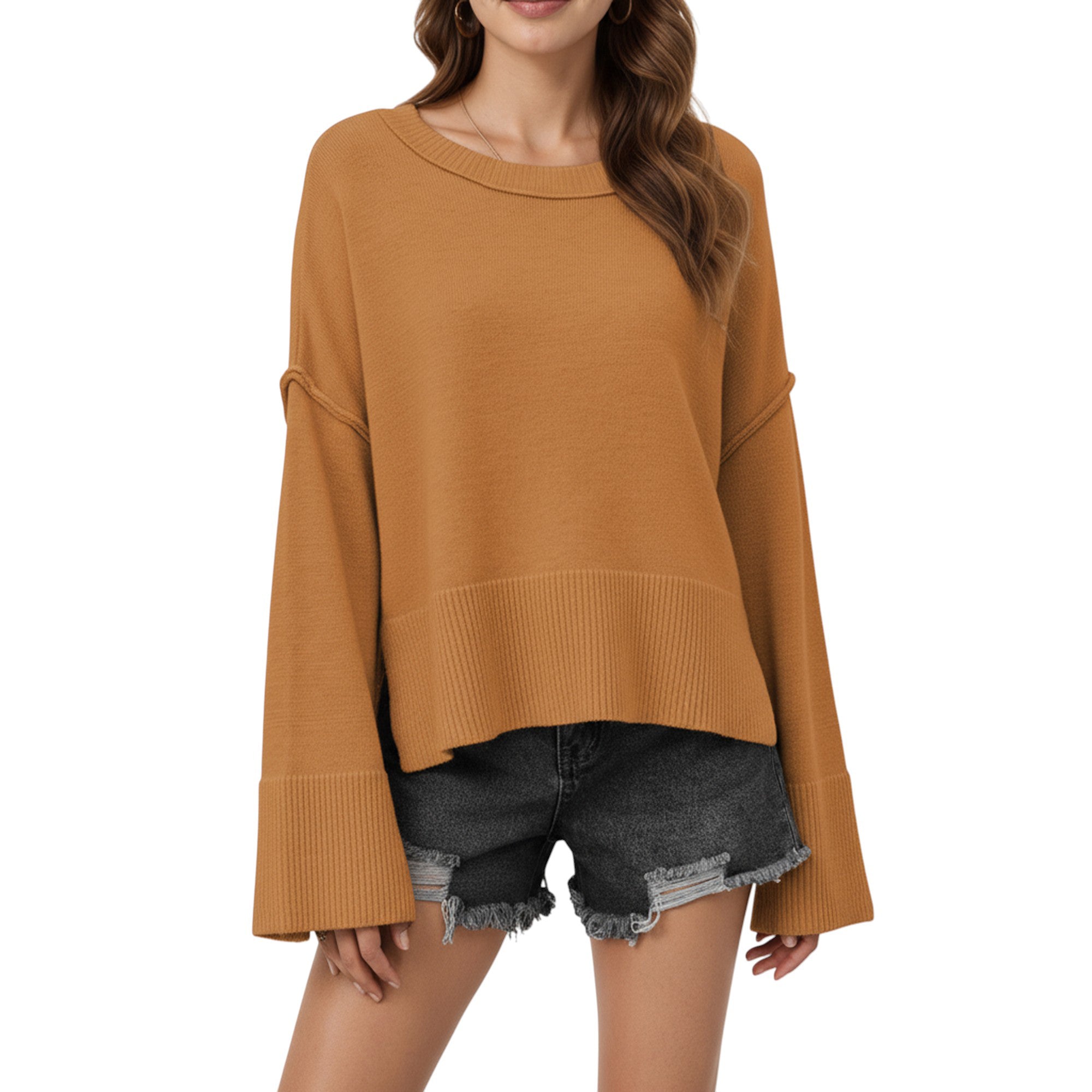 Solid Color Pullover Sweater with Wide Ribbed Hem and Relaxed Fit ...