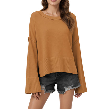 Solid Color Pullover Sweater with Wide Ribbed Hem and Relaxed Fit