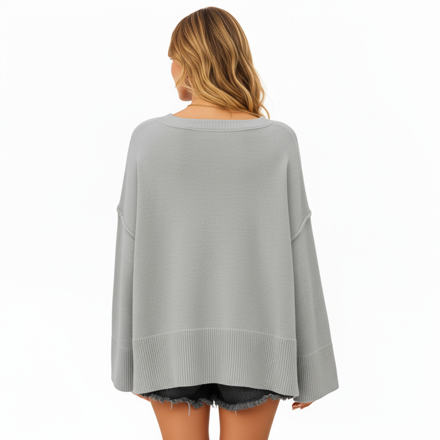 Solid Color Pullover Sweater with Wide Ribbed Hem and Relaxed Fit
