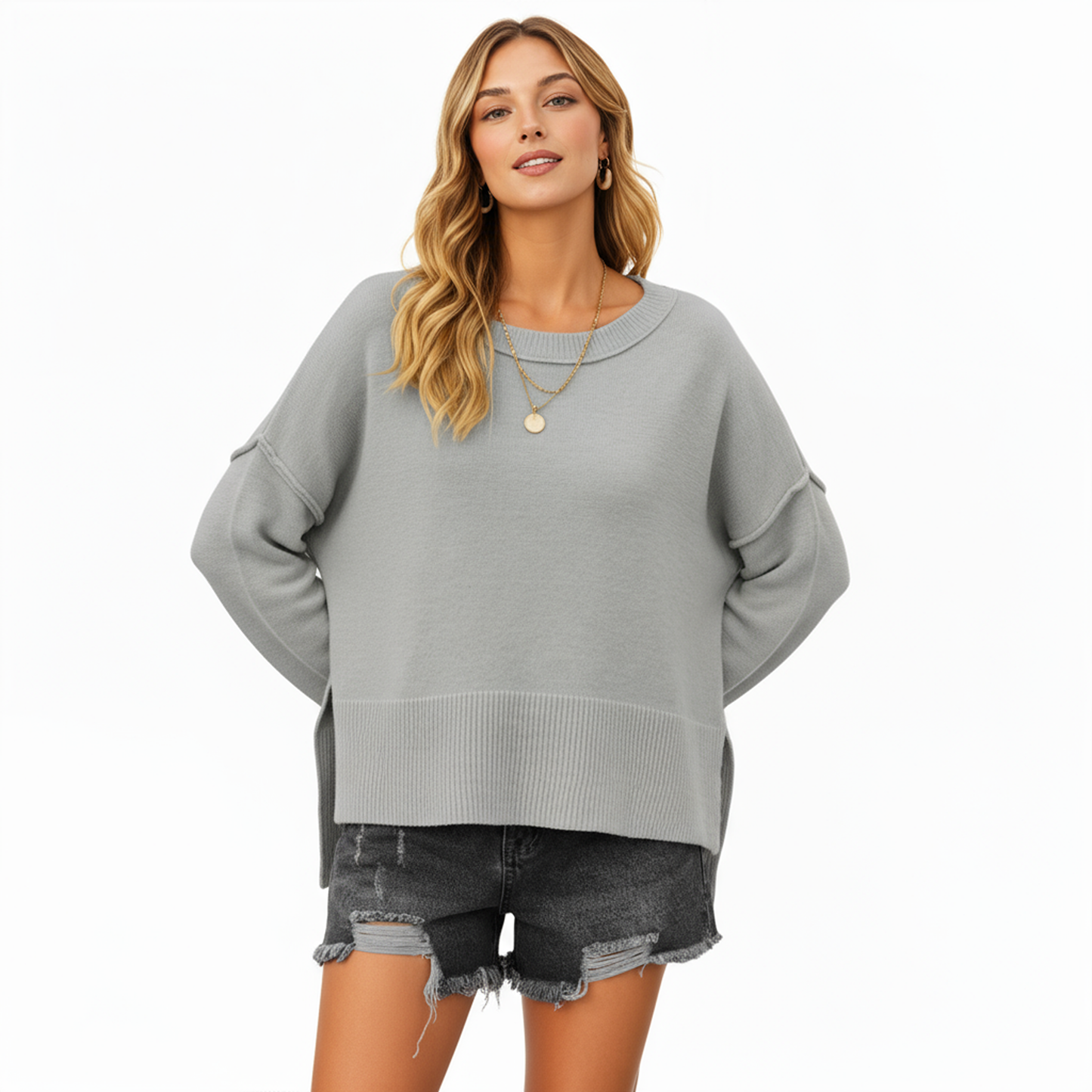 Solid Color Pullover Sweater with Wide Ribbed Hem and Relaxed Fit
