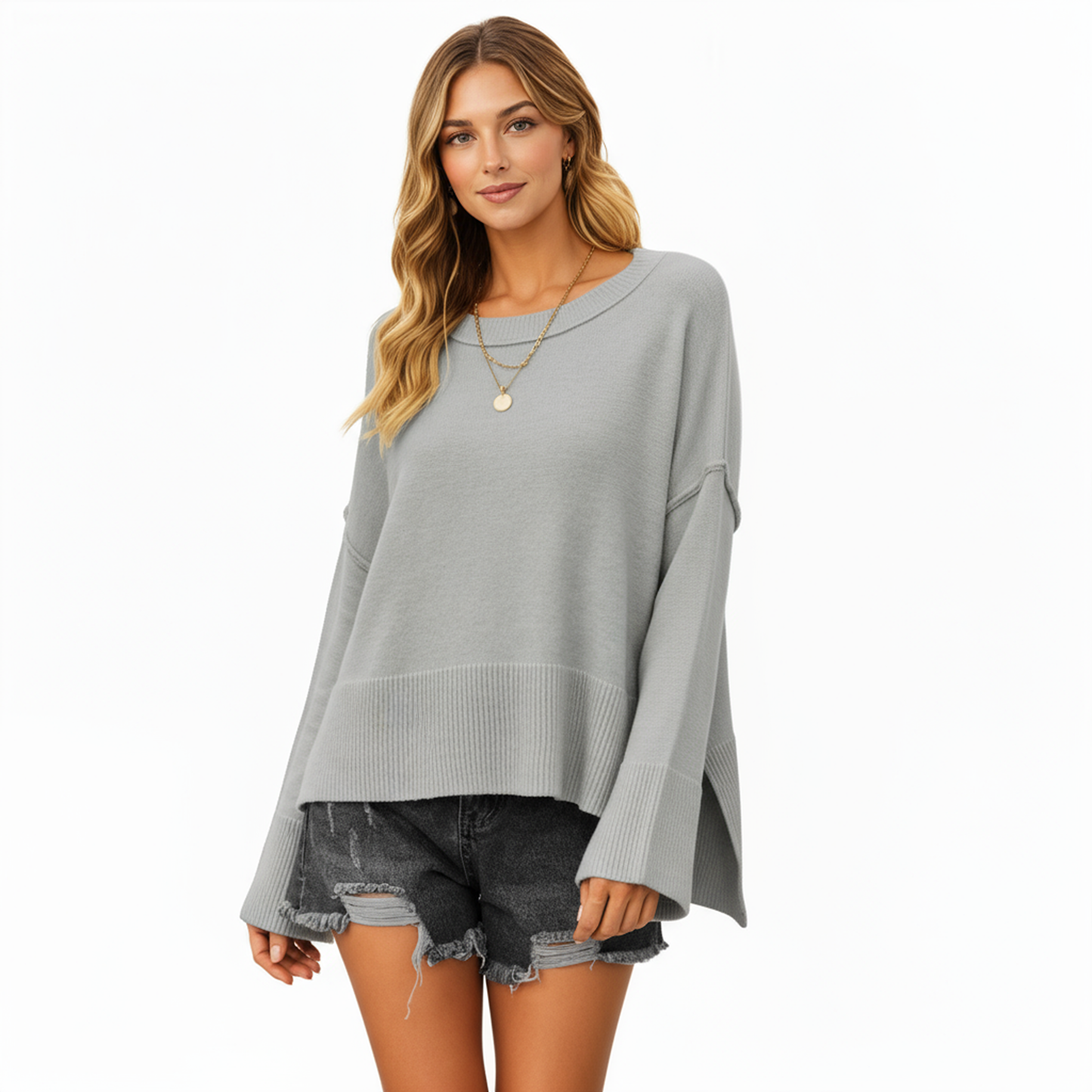 Solid Color Pullover Sweater with Wide Ribbed Hem and Relaxed Fit