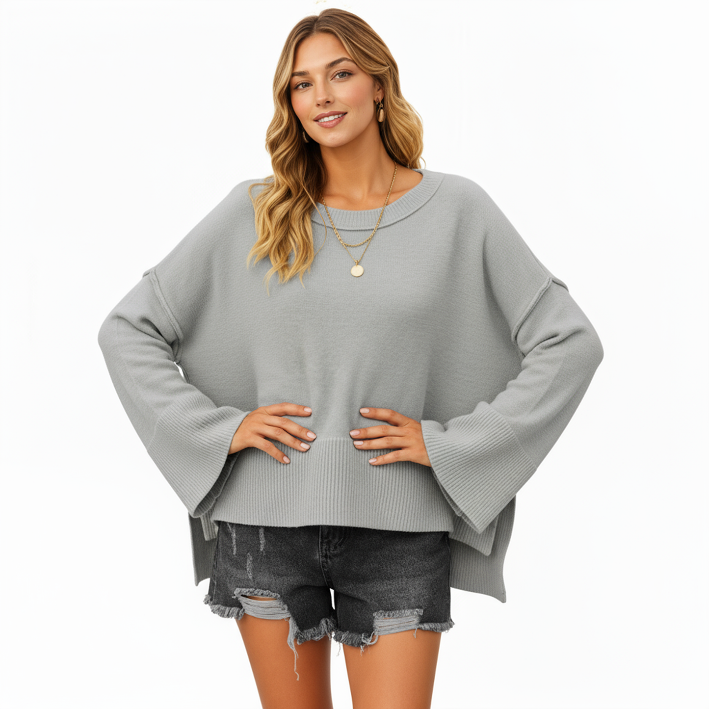 Solid Color Pullover Sweater with Wide Ribbed Hem and Relaxed Fit