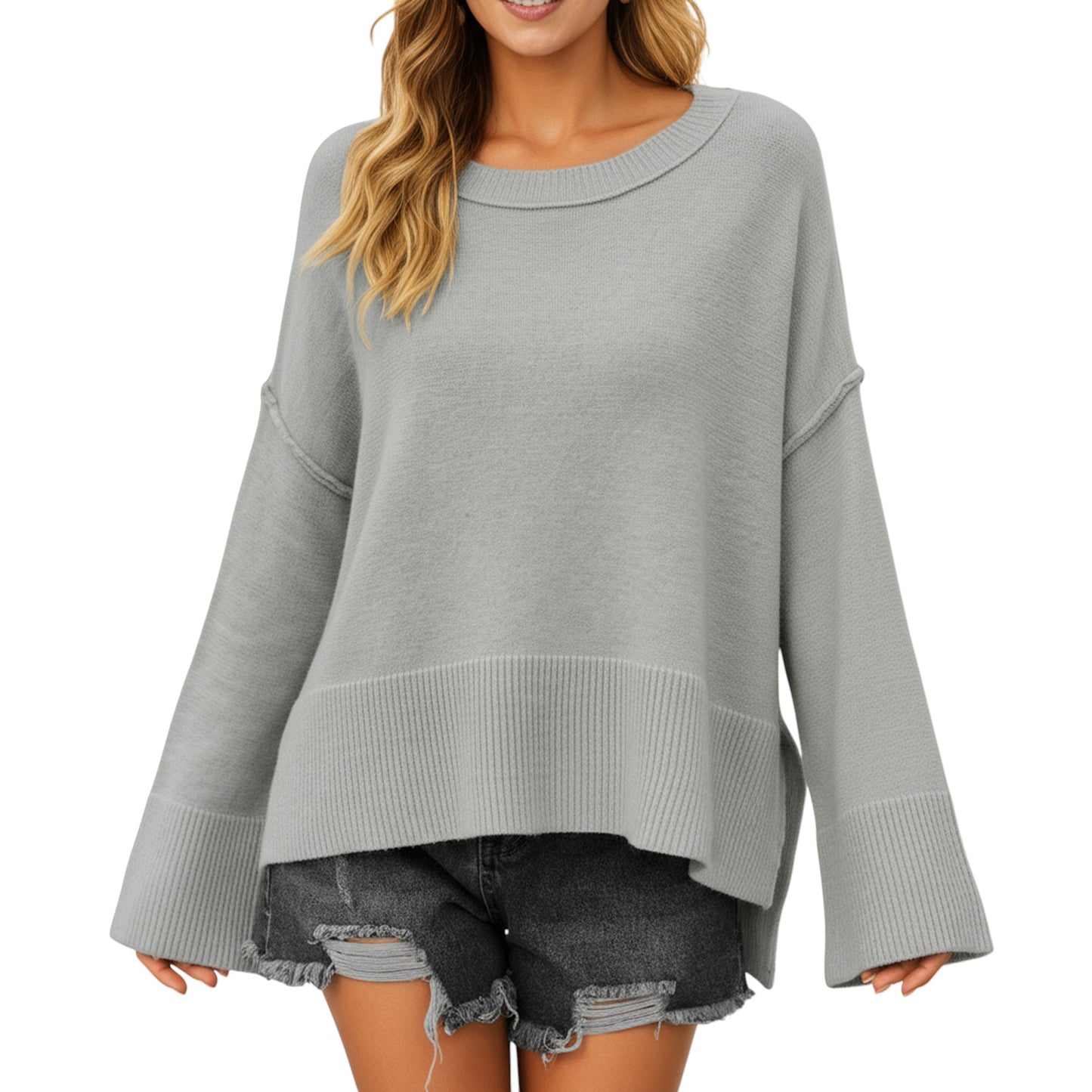 Solid Color Pullover Sweater with Wide Ribbed Hem and Relaxed Fit