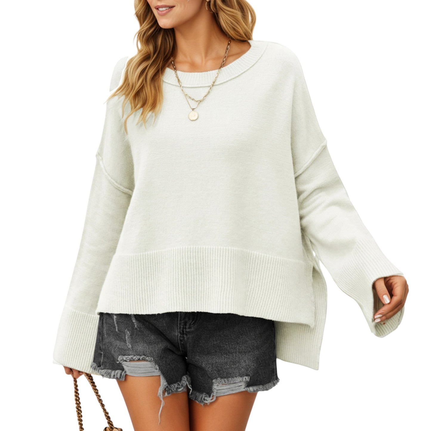 Solid Color Pullover Sweater with Wide Ribbed Hem and Relaxed Fit