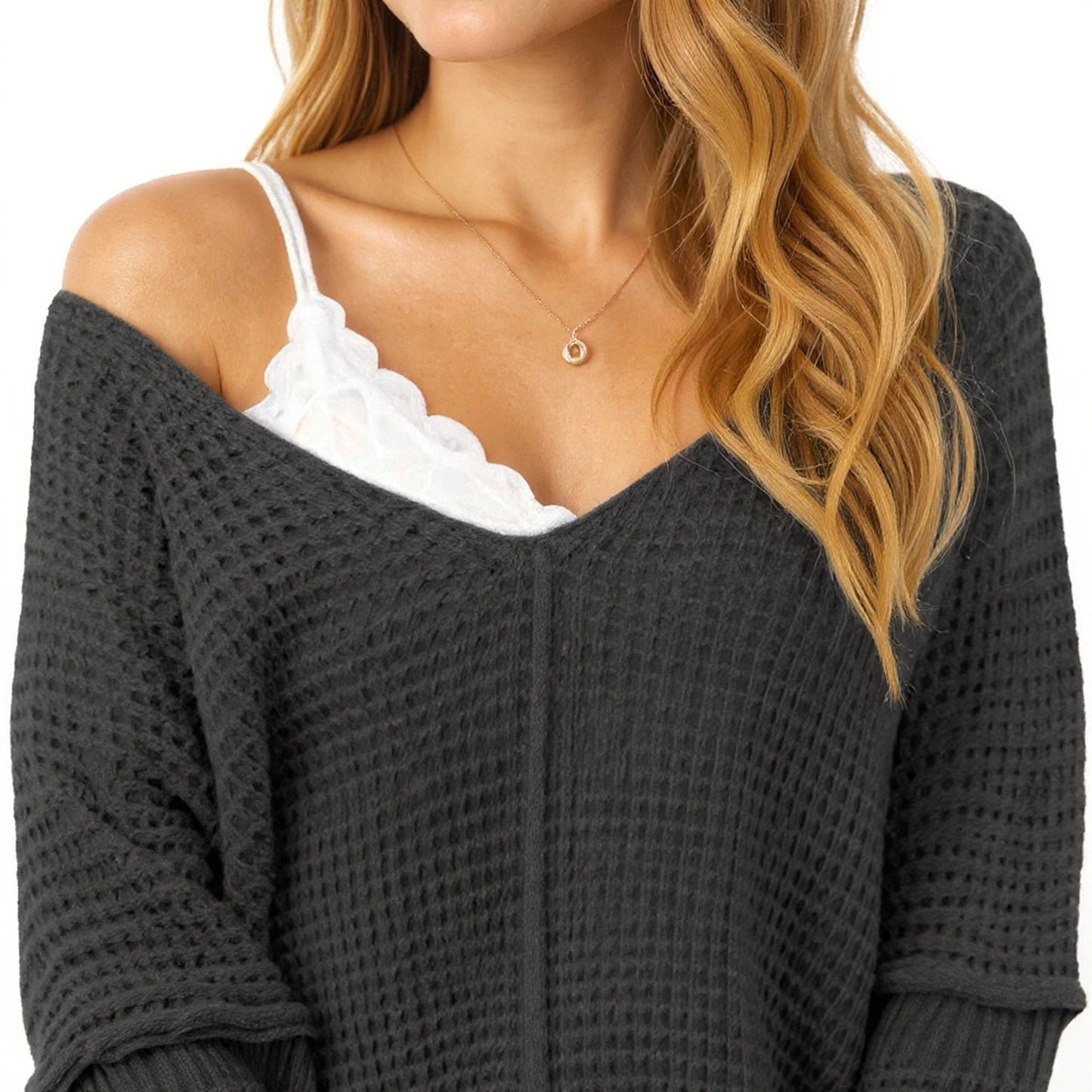 Long Sleeve Waffle Knit Pullover Sweater with Relaxed Fit