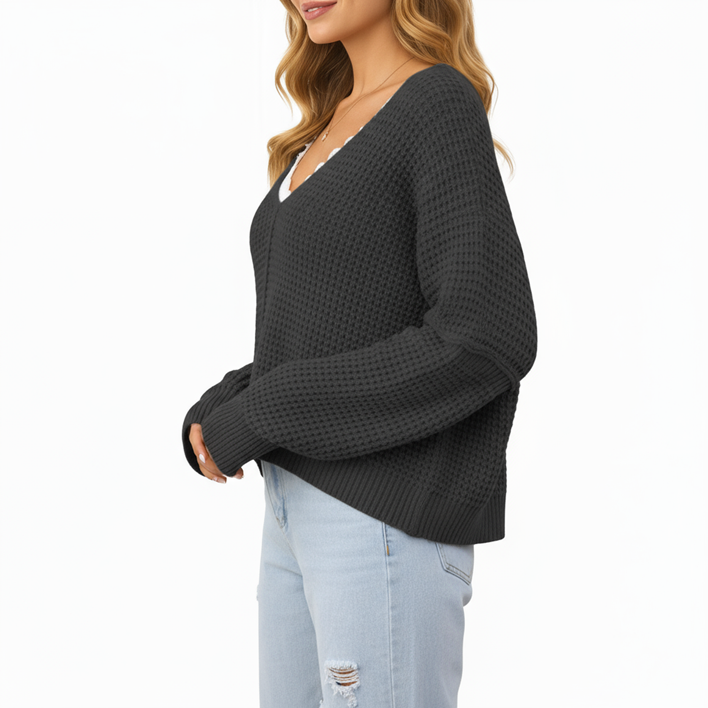 Long Sleeve Waffle Knit Pullover Sweater with Relaxed Fit