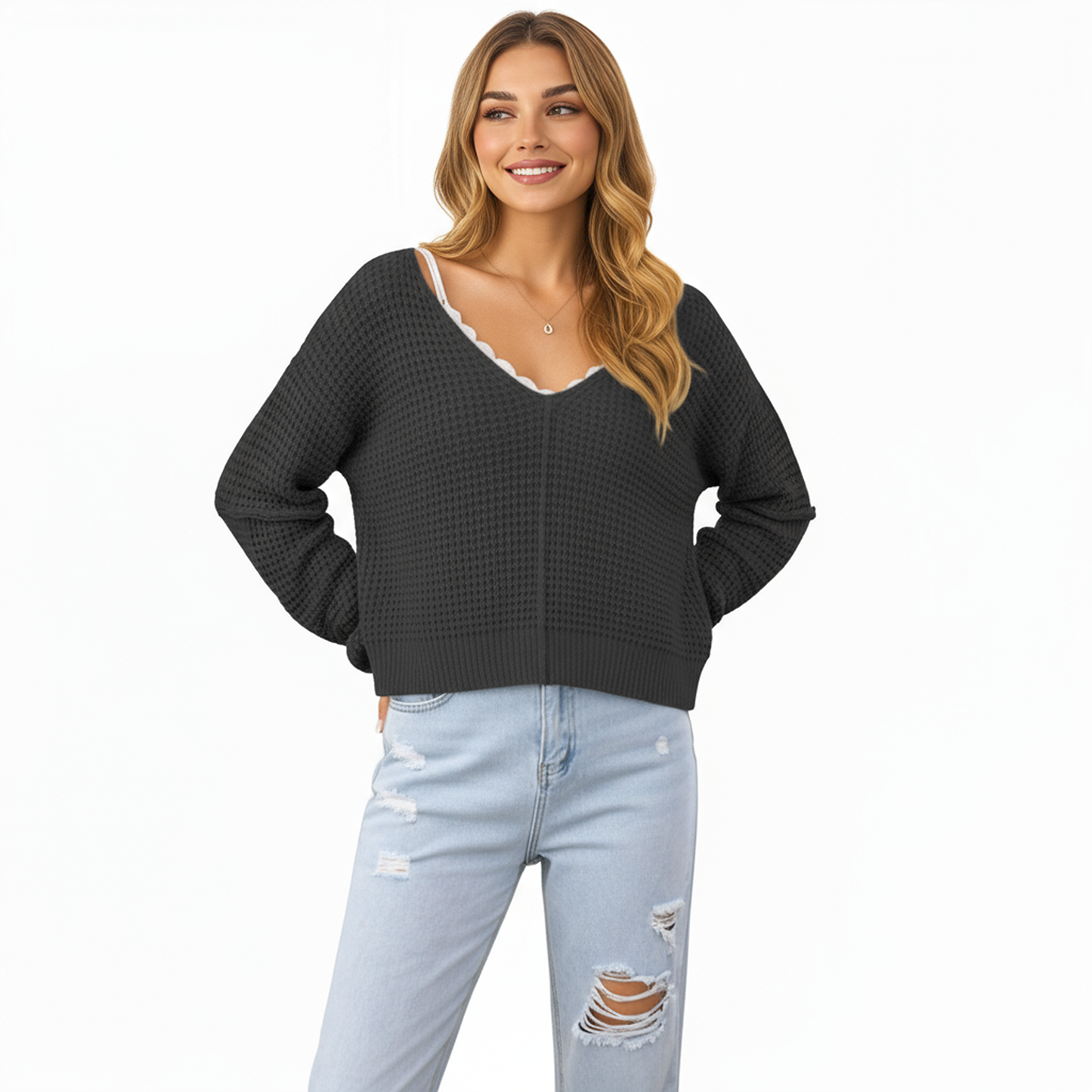 Long Sleeve Waffle Knit Pullover Sweater with Relaxed Fit