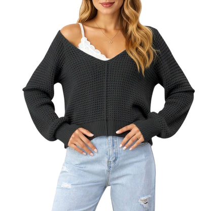 Long Sleeve Waffle Knit Pullover Sweater with Relaxed Fit