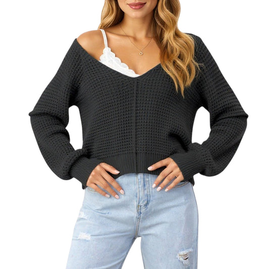 Long Sleeve Waffle Knit Pullover Sweater with Relaxed Fit