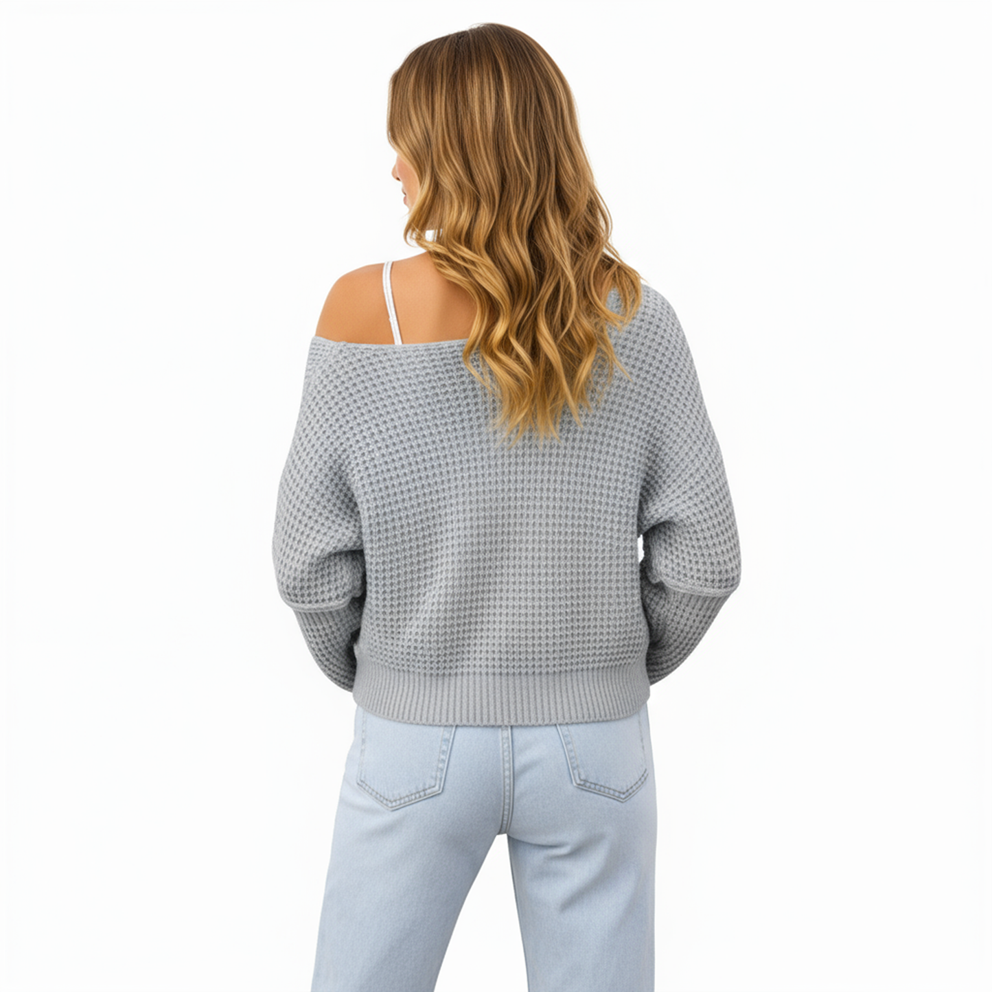 Long Sleeve Waffle Knit Pullover Sweater with Relaxed Fit