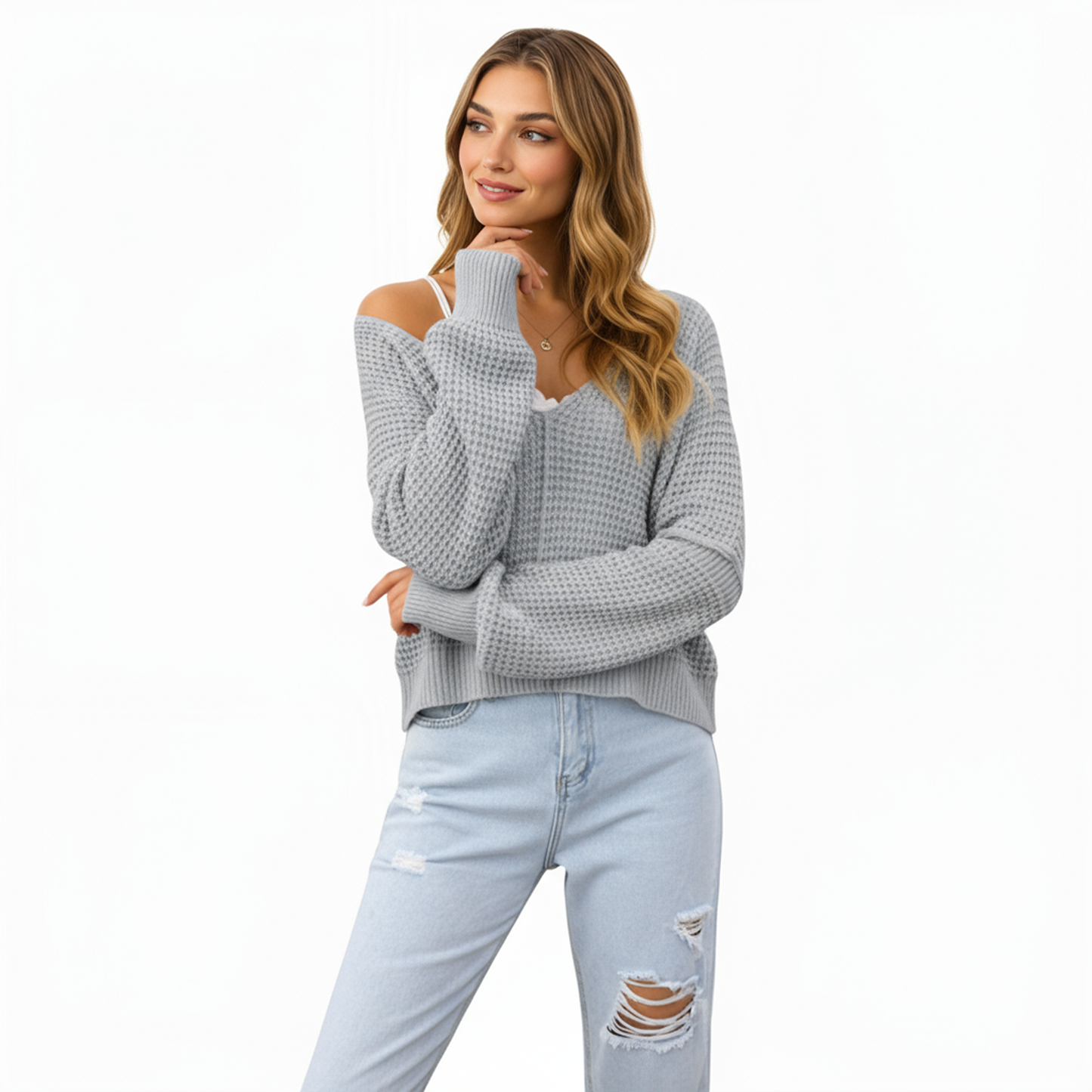Long Sleeve Waffle Knit Pullover Sweater with Relaxed Fit
