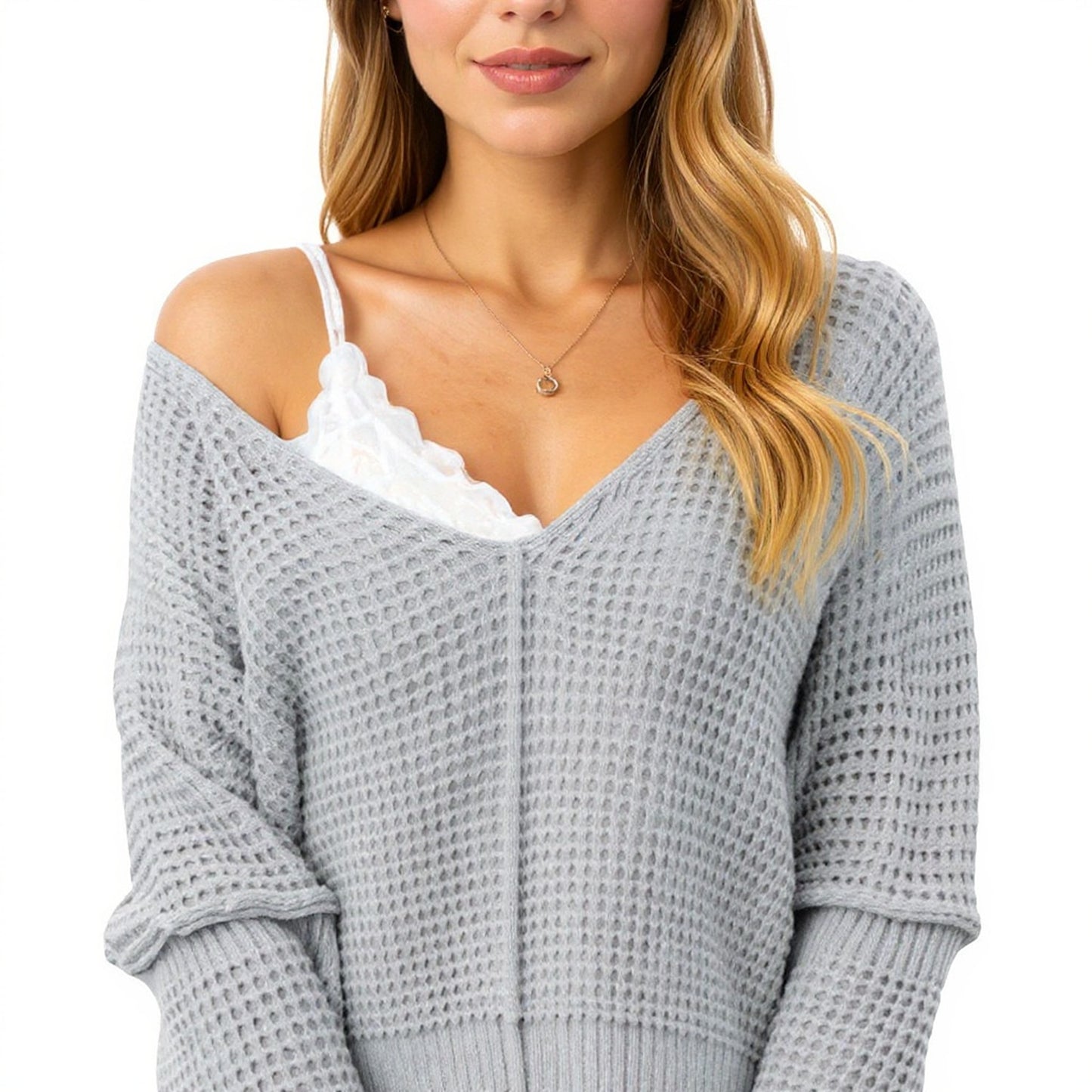 Long Sleeve Waffle Knit Pullover Sweater with Relaxed Fit