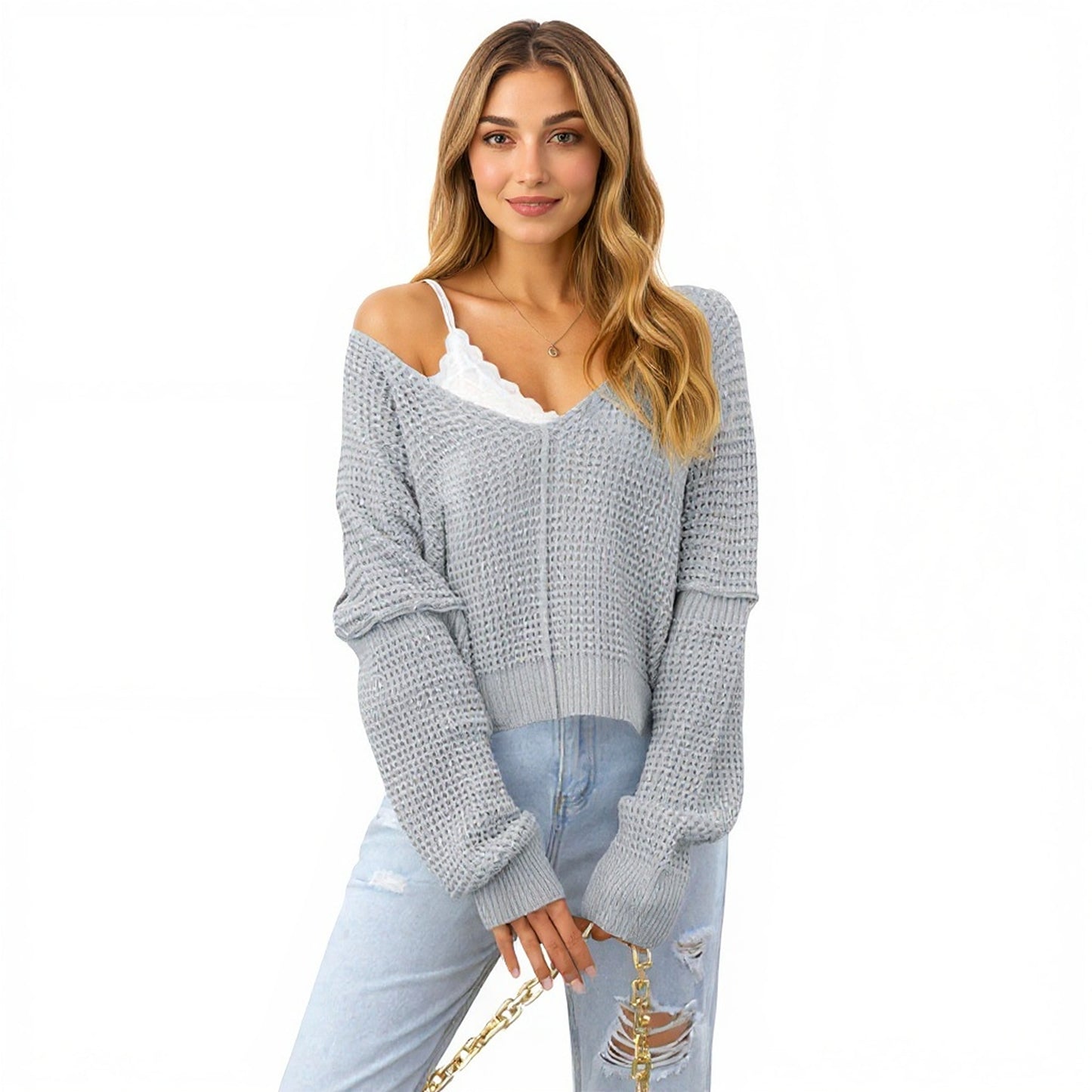 Long Sleeve Waffle Knit Pullover Sweater with Relaxed Fit