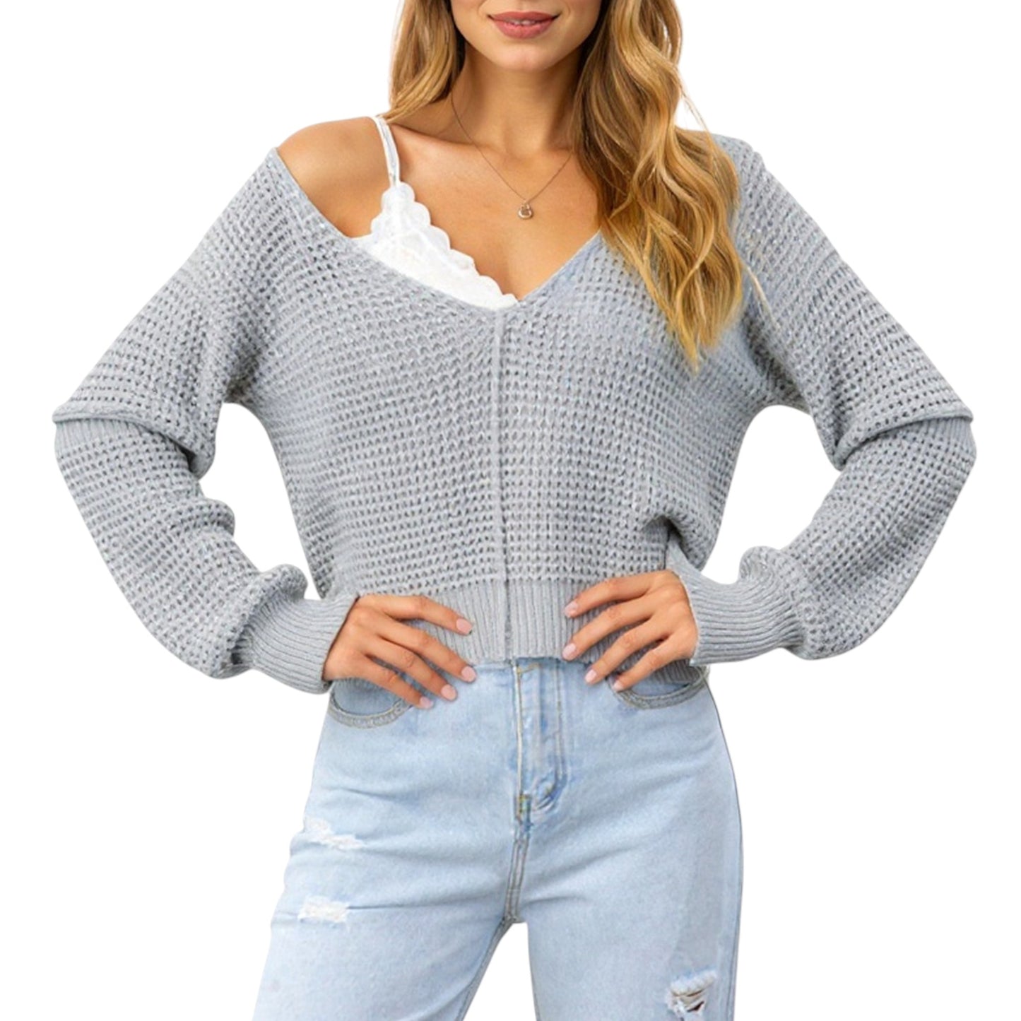 Long Sleeve Waffle Knit Pullover Sweater with Relaxed Fit