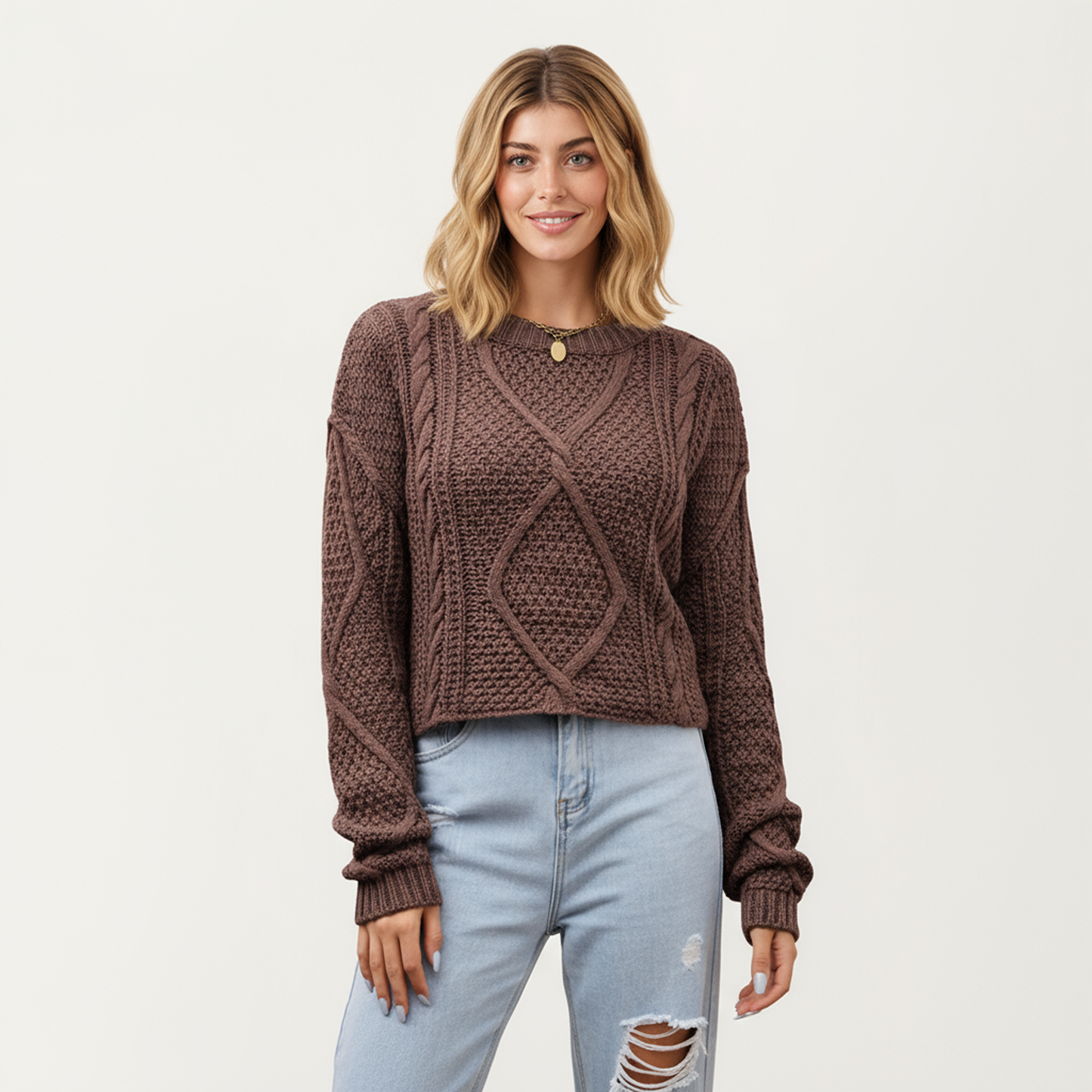 Long Sleeve Cable Knit Pullover Sweater with Textured Pattern