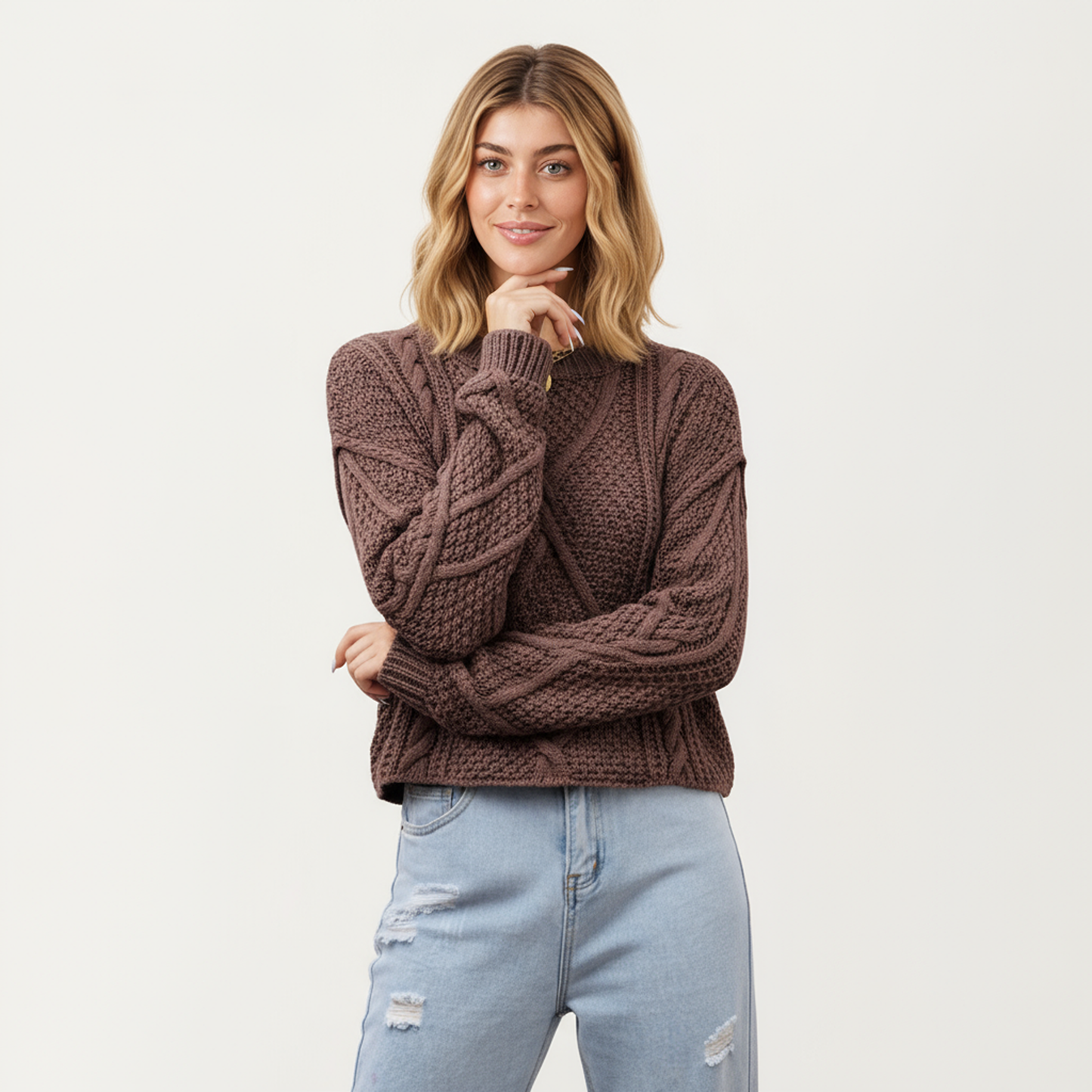 Long Sleeve Cable Knit Pullover Sweater with Textured Pattern