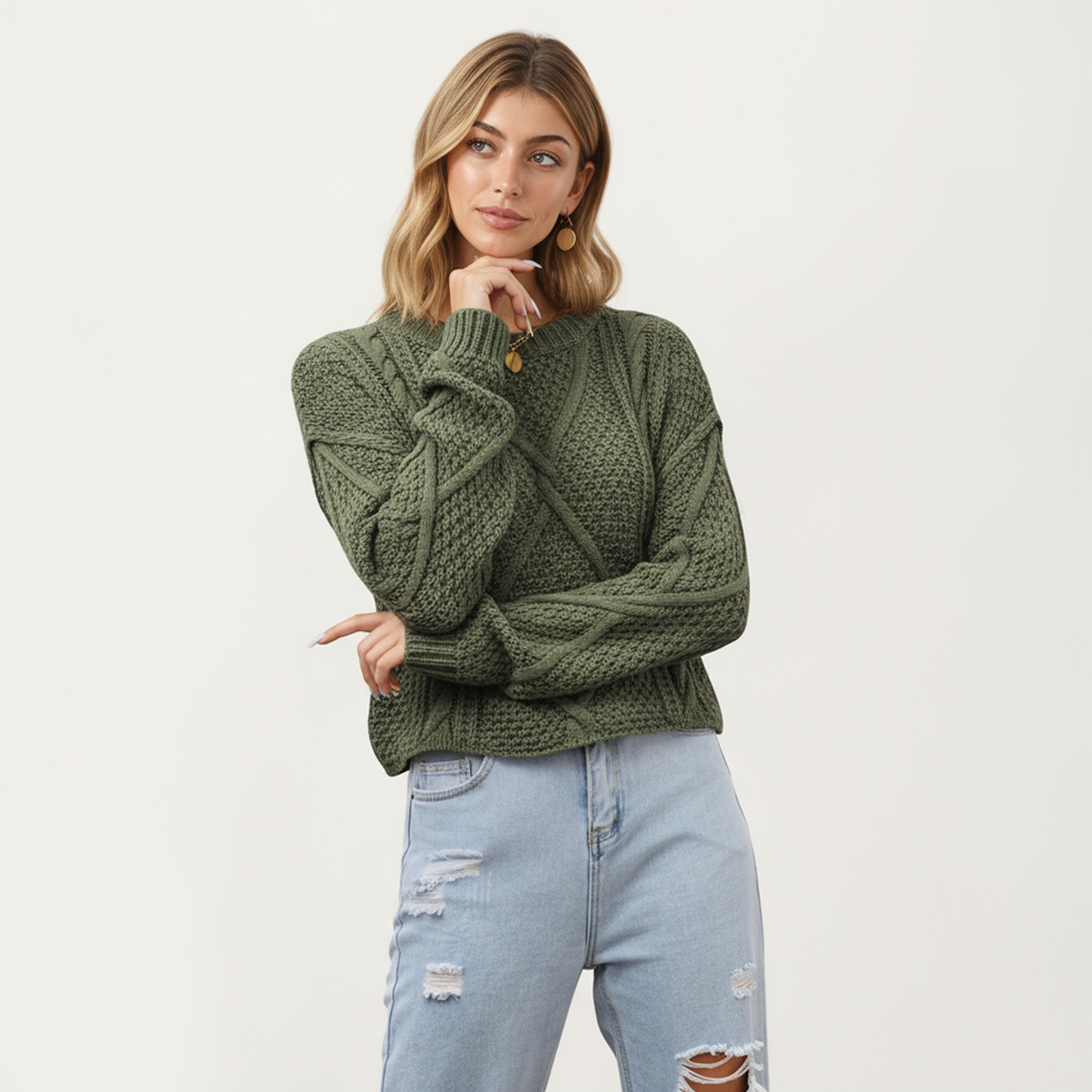 Long Sleeve Cable Knit Pullover Sweater with Textured Pattern