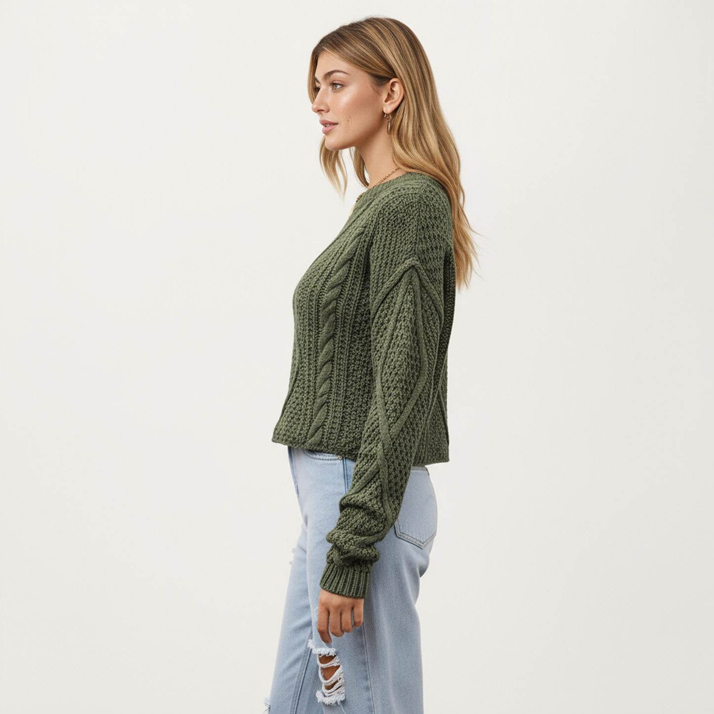 Long Sleeve Cable Knit Pullover Sweater with Textured Pattern