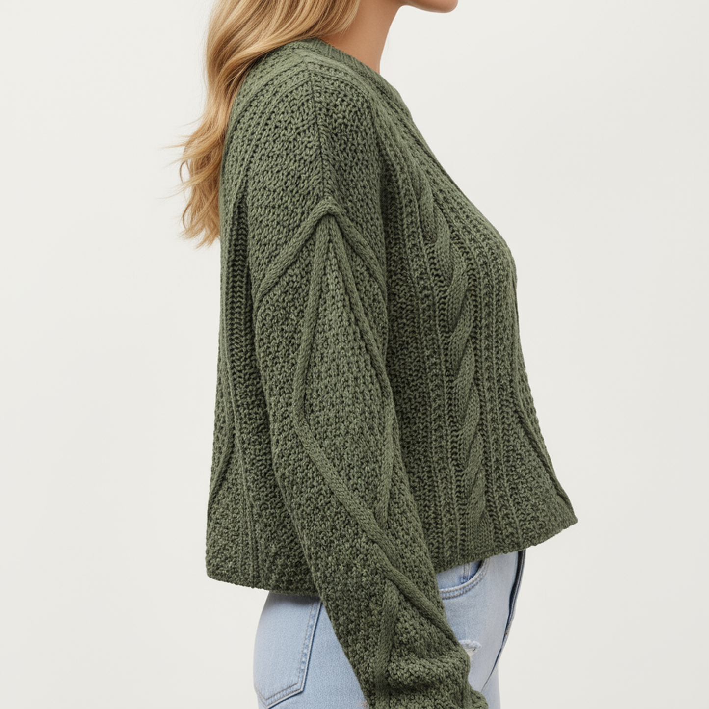 Long Sleeve Cable Knit Pullover Sweater with Textured Pattern