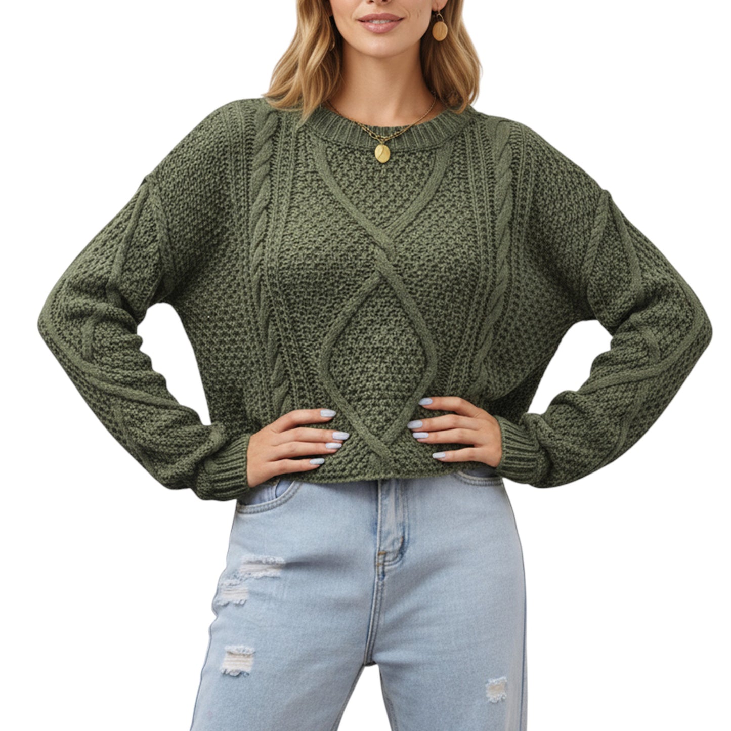 Long Sleeve Cable Knit Pullover Sweater with Textured Pattern
