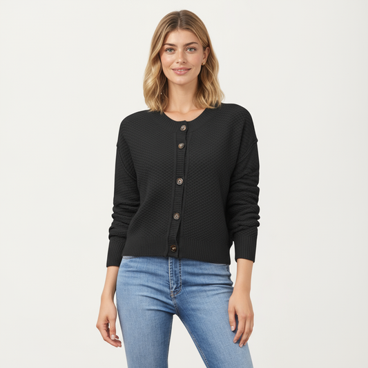 Button Front Knit Cardigan with Long Sleeves and Ribbed Cuffs