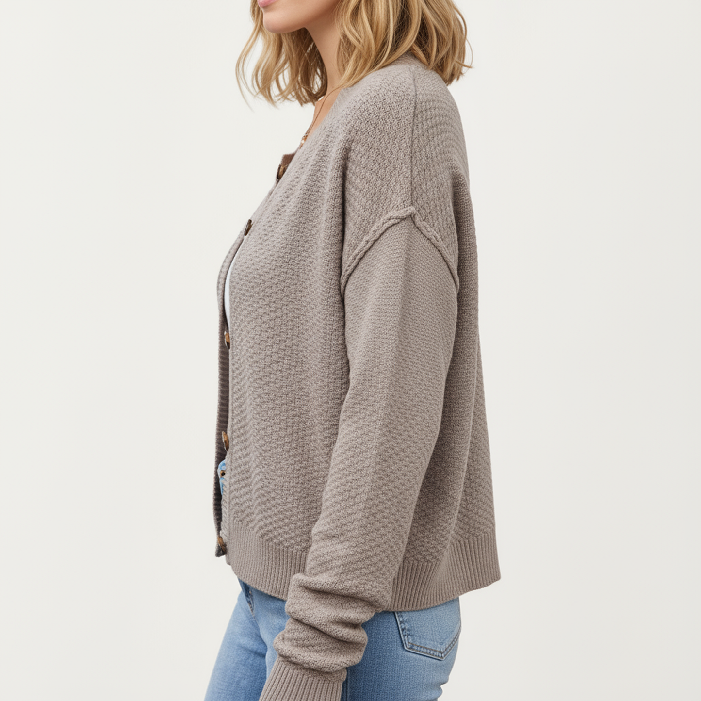 Button Front Knit Cardigan with Long Sleeves and Ribbed Cuffs