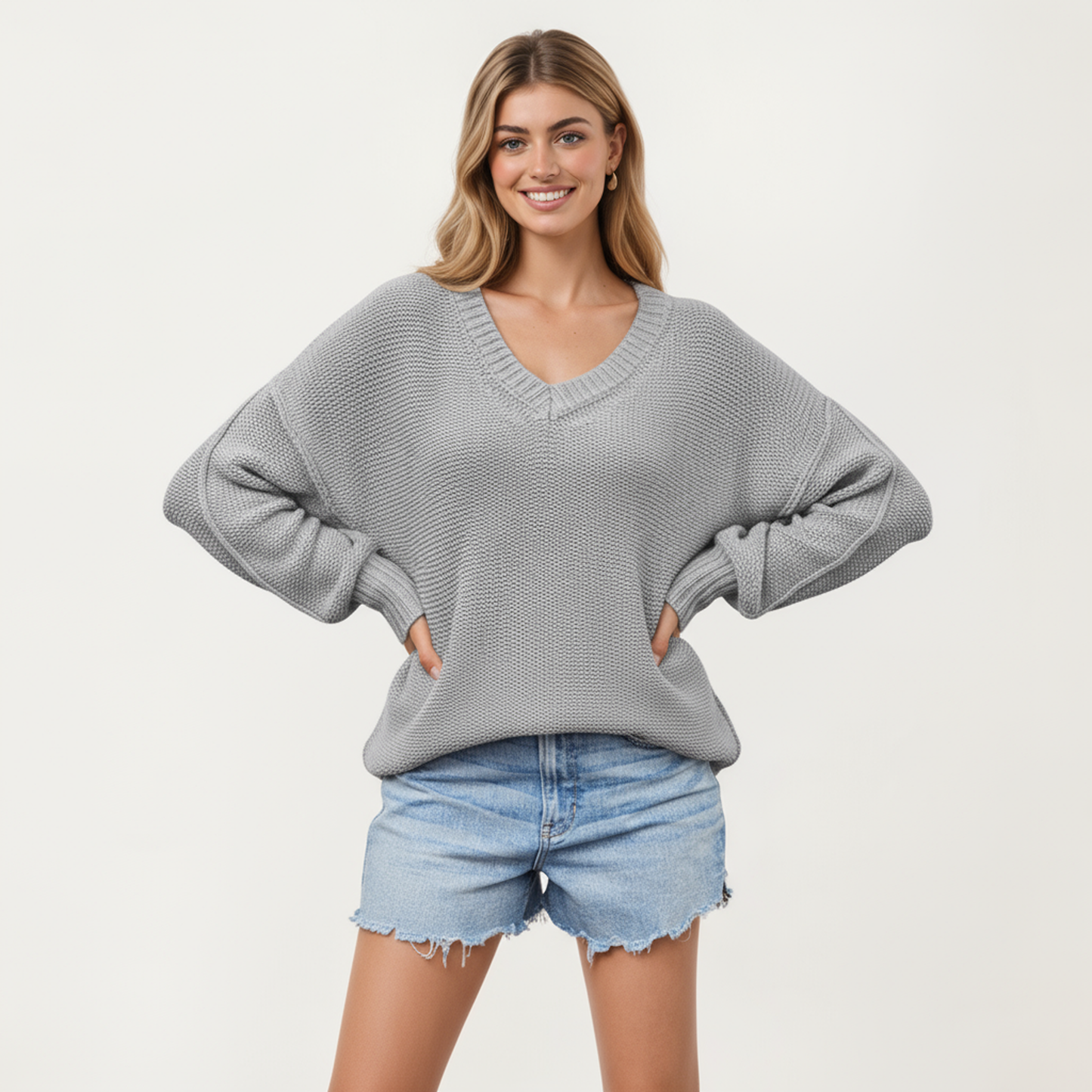 V-Neck Relaxed Fit Knit Sweater with Long Sleeves