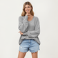 V-Neck Relaxed Fit Knit Sweater with Long Sleeves