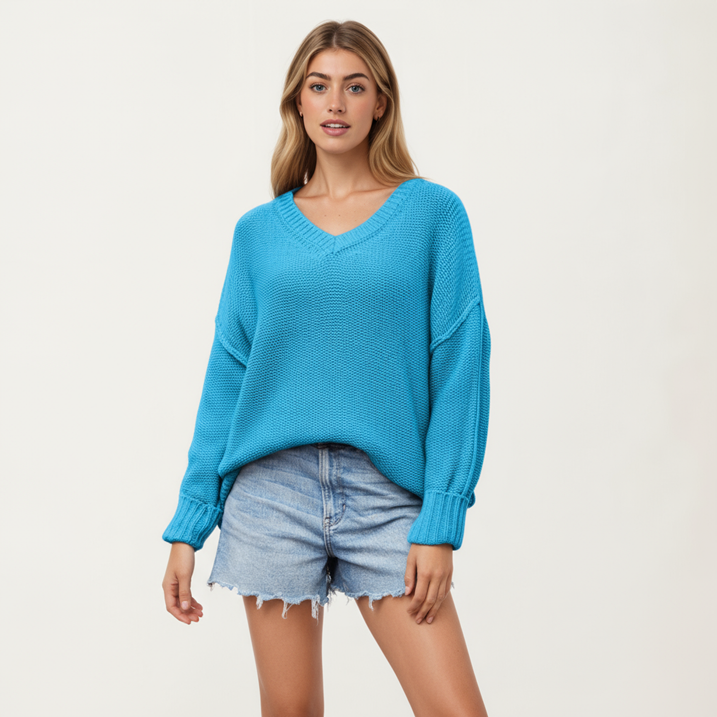 V-Neck Relaxed Fit Knit Sweater with Long Sleeves