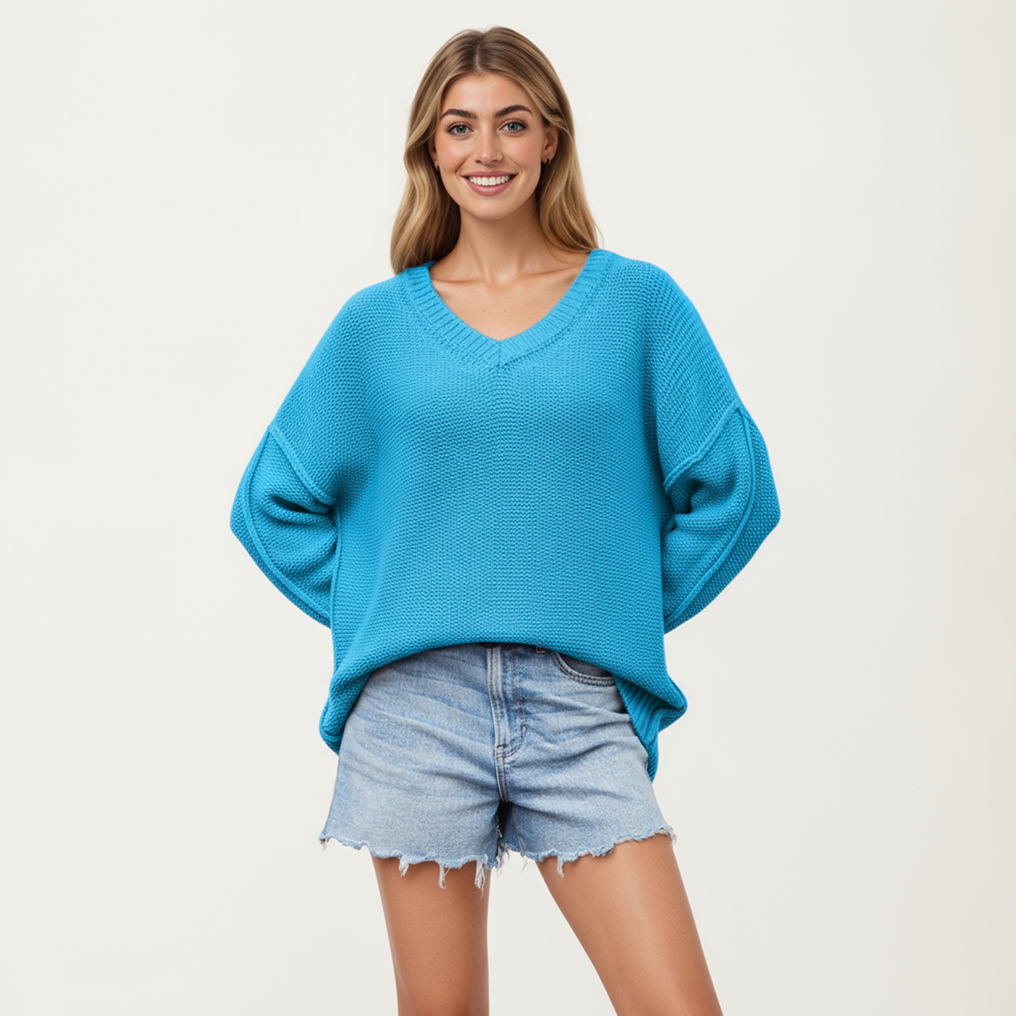 V-Neck Relaxed Fit Knit Sweater with Long Sleeves
