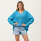 V-Neck Relaxed Fit Knit Sweater with Long Sleeves