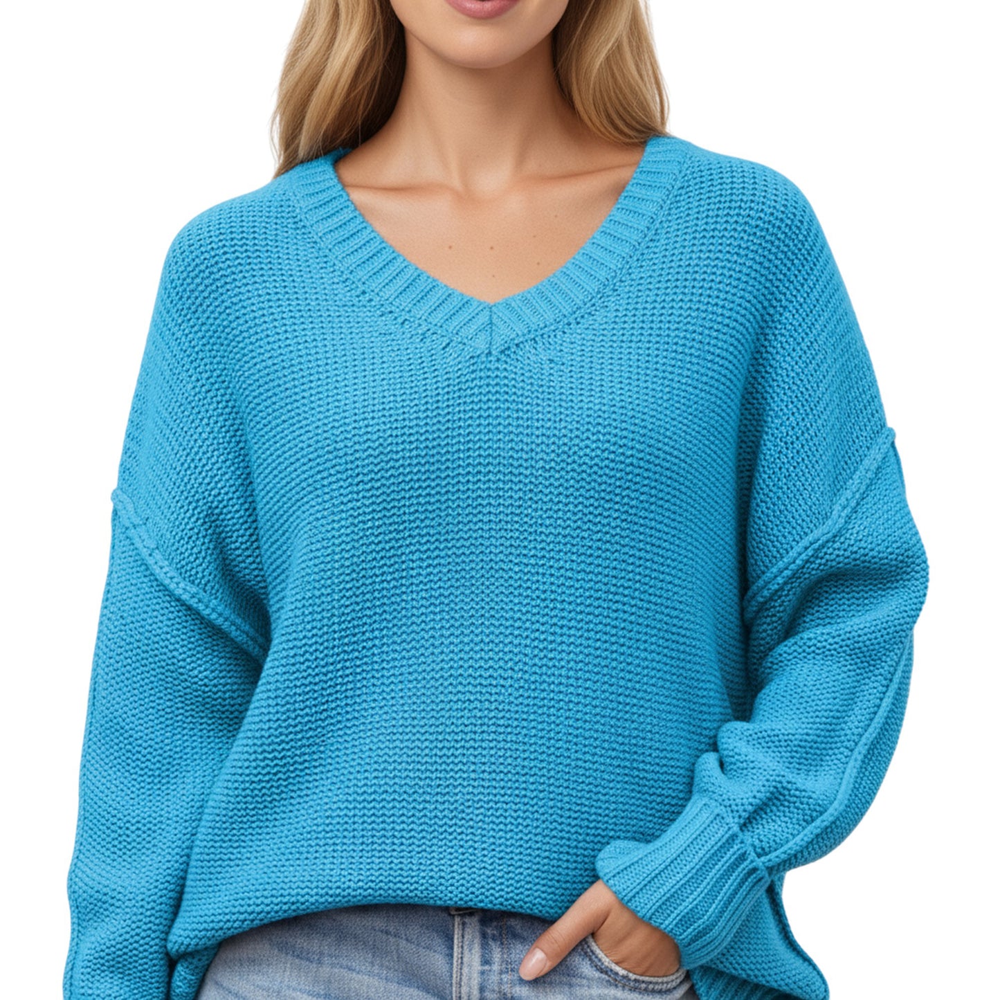 V-Neck Relaxed Fit Knit Sweater with Long Sleeves