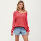 V-Neck Relaxed Fit Knit Sweater with Long Sleeves