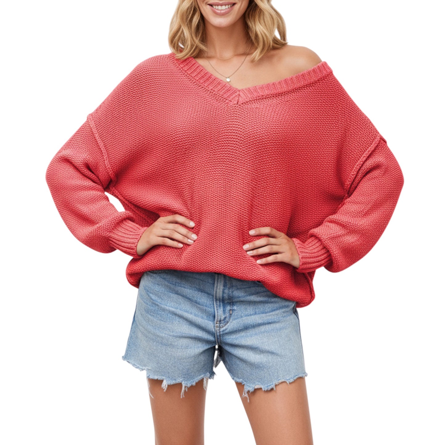 V-Neck Relaxed Fit Knit Sweater with Long Sleeves