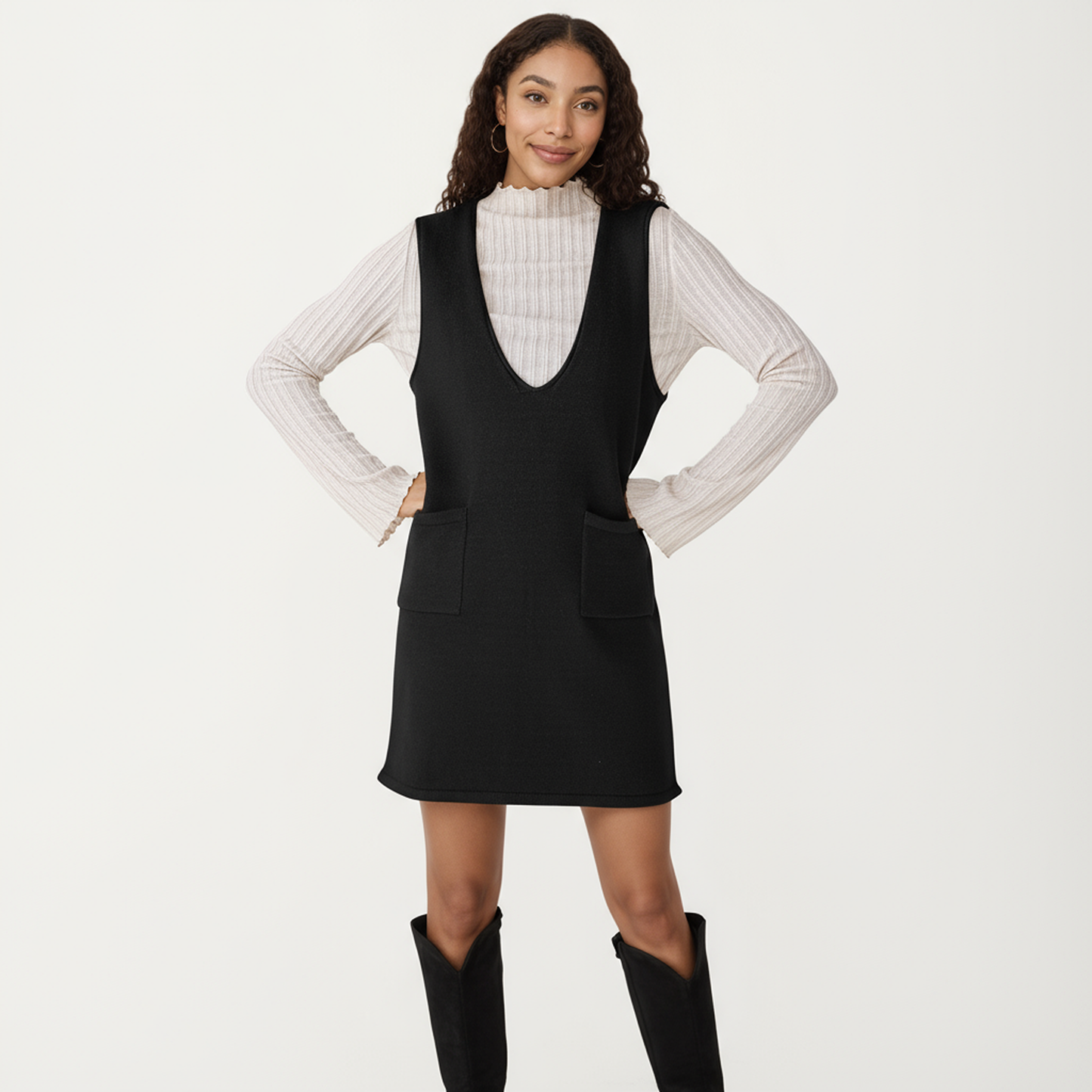 Sleeveless V-Neck Shift Dress with Front Patch Pockets