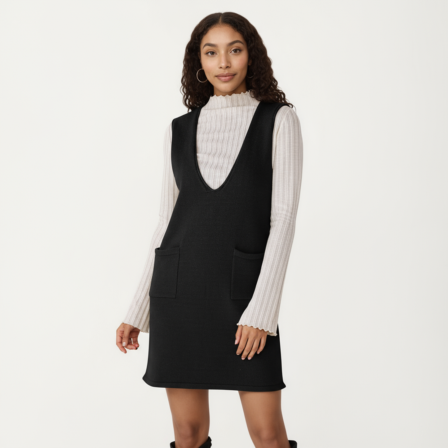 Sleeveless V-Neck Shift Dress with Front Patch Pockets