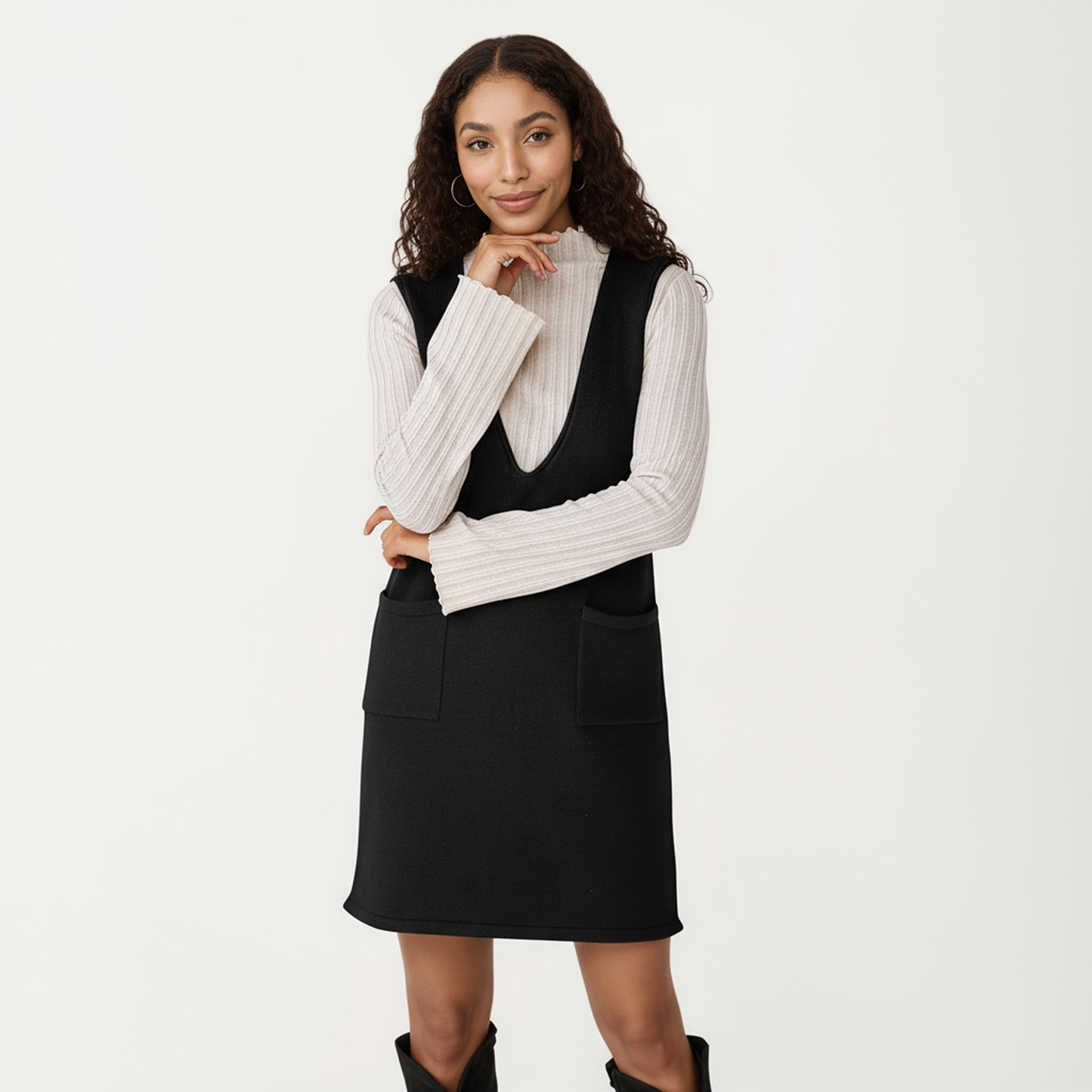 Sleeveless V-Neck Shift Dress with Front Patch Pockets