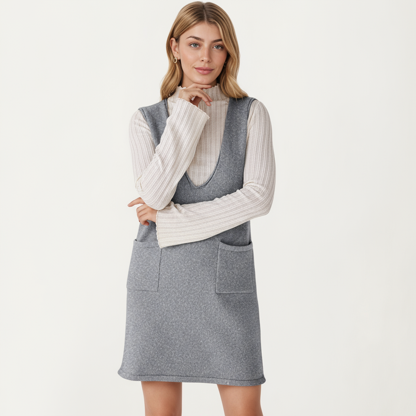 Sleeveless V-Neck Shift Dress with Front Patch Pockets